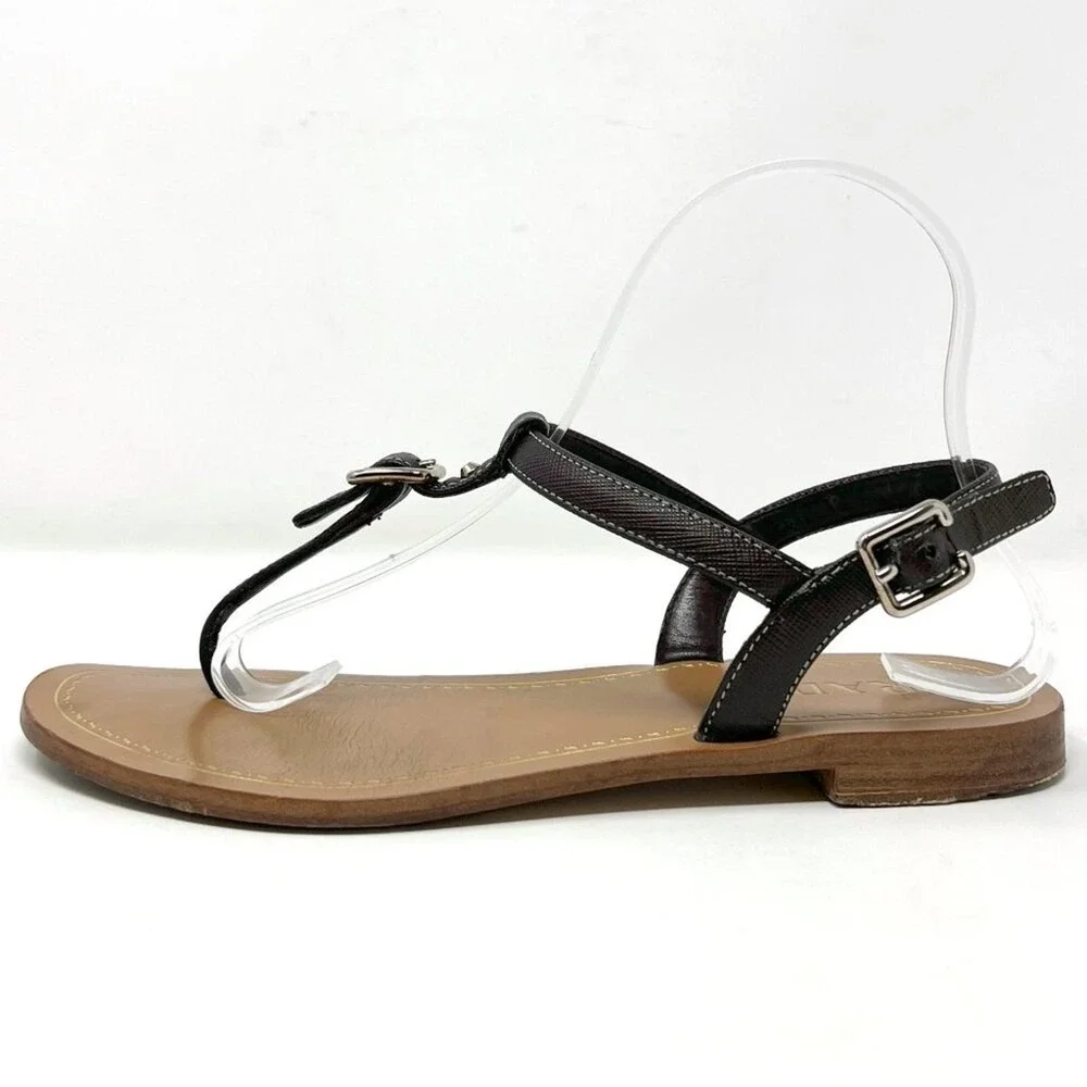 Prada Black Saffiano Leather Flat Thong Sandals Ankle Strap EU 38 Made in Italy‎